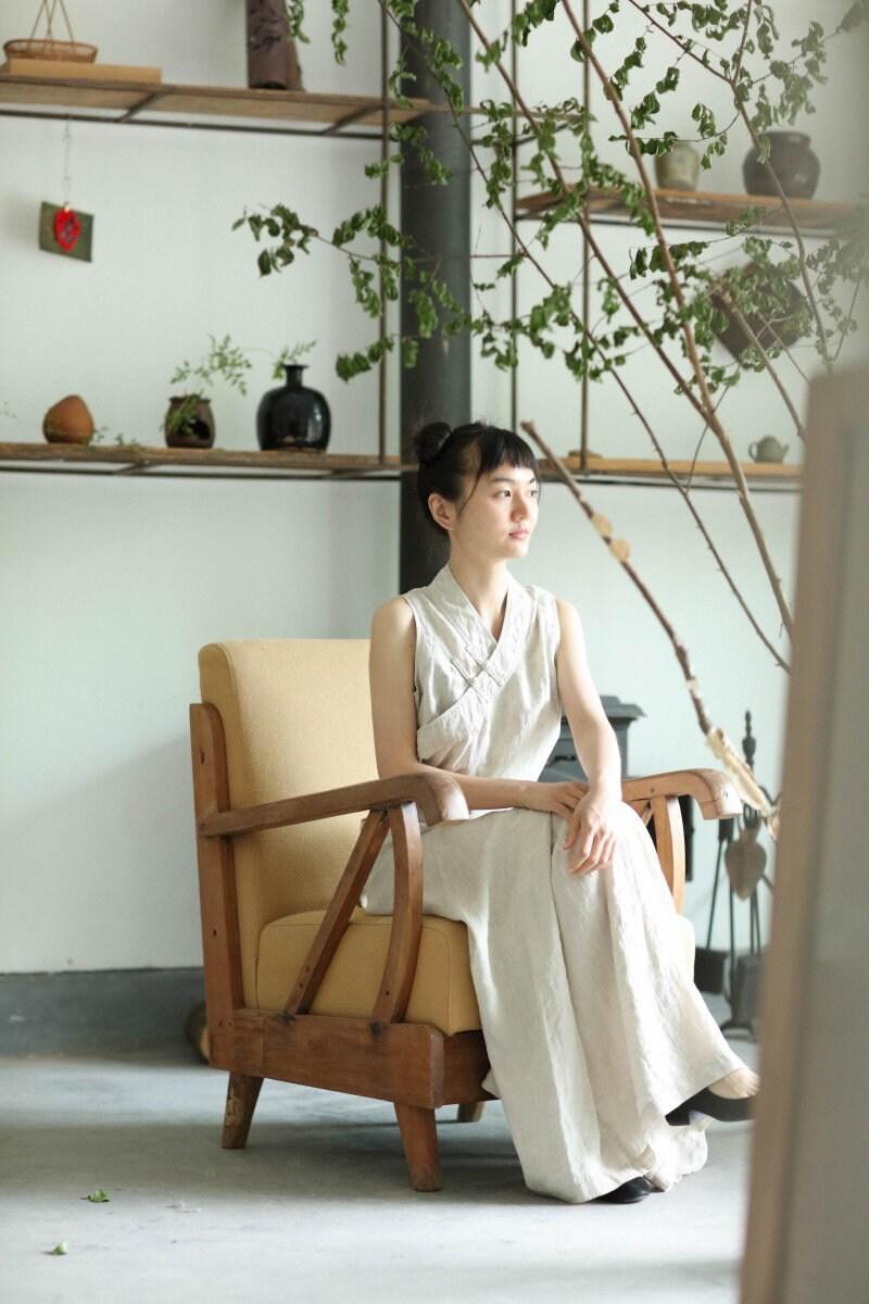 Black/Beige Linen Dress Chinese Hanfu