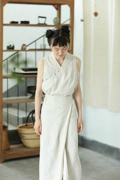 Black/Beige Linen Dress Chinese Hanfu