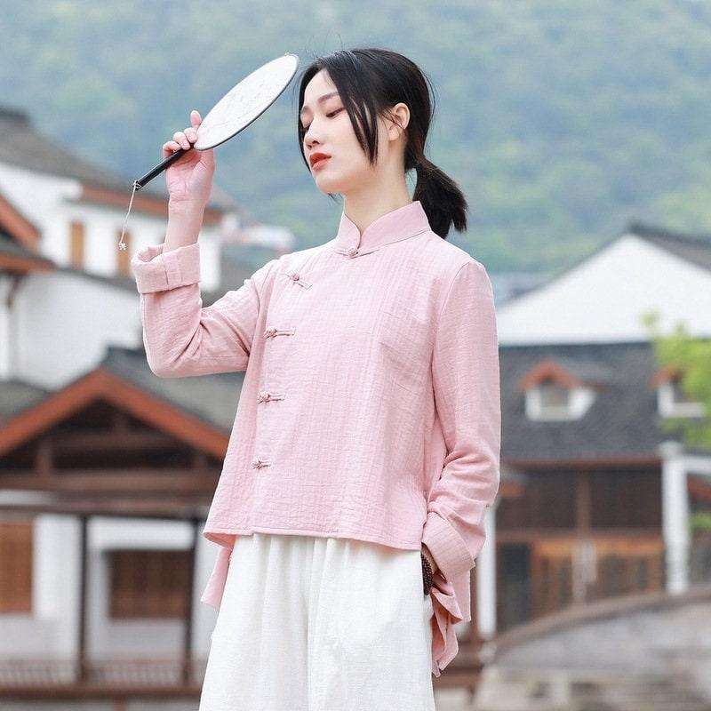 Linen Cotton Pink Qipao Blouse