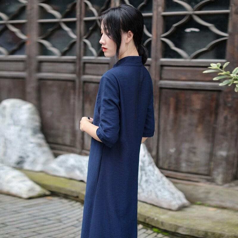 Viscose Cheongsam Top Navy Long Shirt