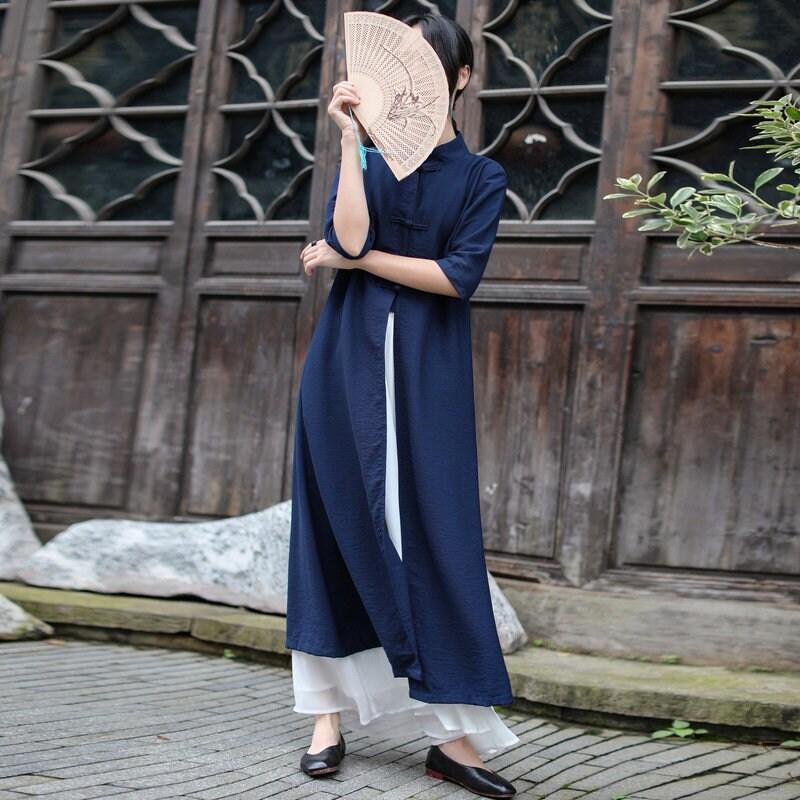 Viscose Cheongsam Top Navy Long Shirt