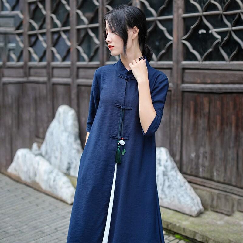 Viscose Cheongsam Top Navy Long Shirt