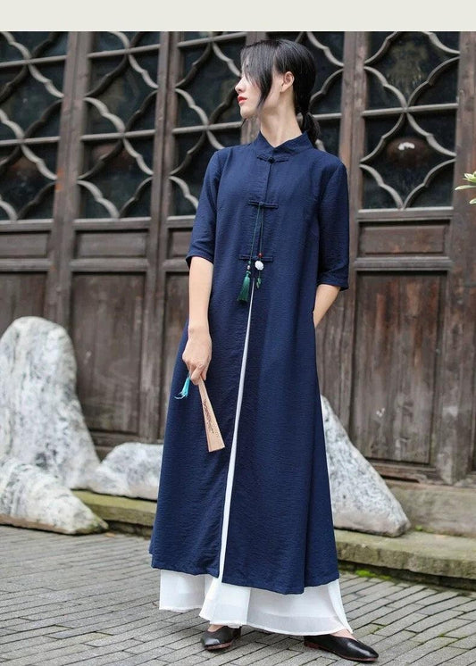 Viscose Cheongsam Top Navy Long Shirt