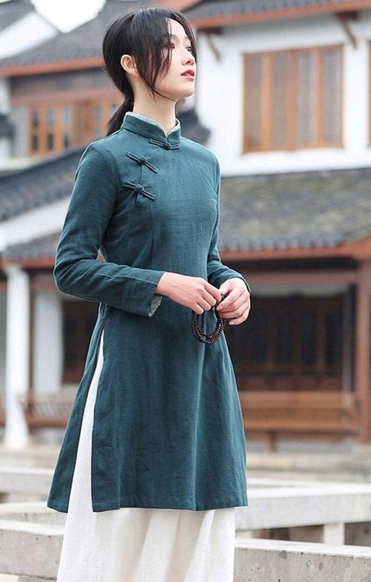 Dark Green Linen Cotton Cheongsam Blouse