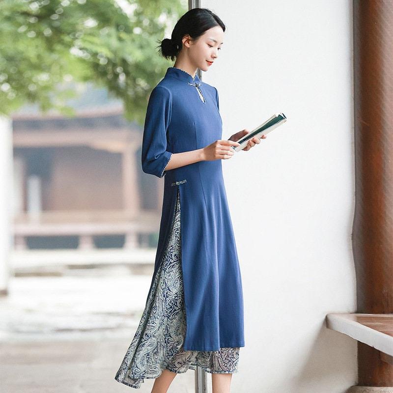 Cotton Cheongsam Dress Aodai Dress