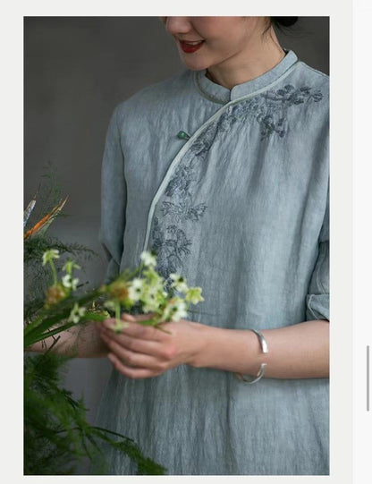 Linen Dress Chinese Qipao Cheongsam Blue