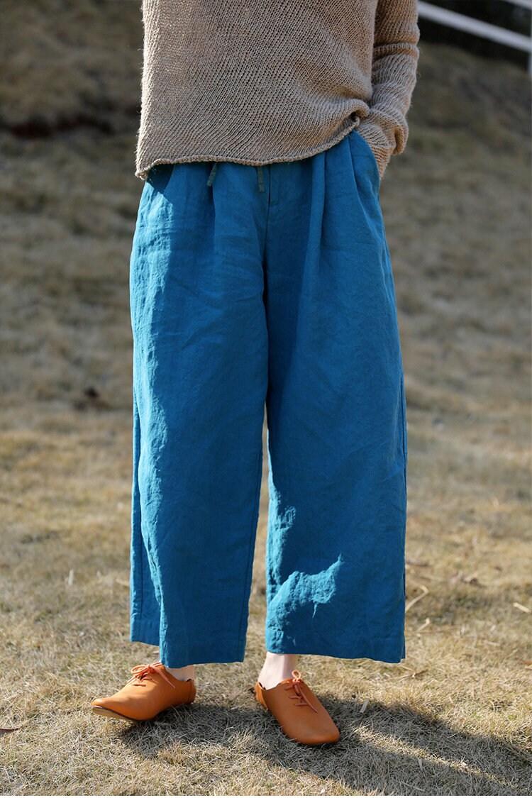 Cyan Linen Pants Loose Trousers