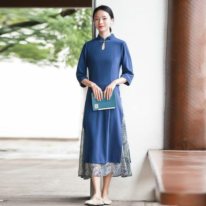 Cotton Cheongsam Dress Aodai Dress