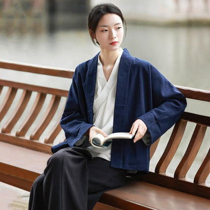 Navy Blue Ramie & Cotton Chinese Hanfu Blouse