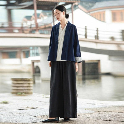 Navy Blue Ramie & Cotton Chinese Hanfu Blouse