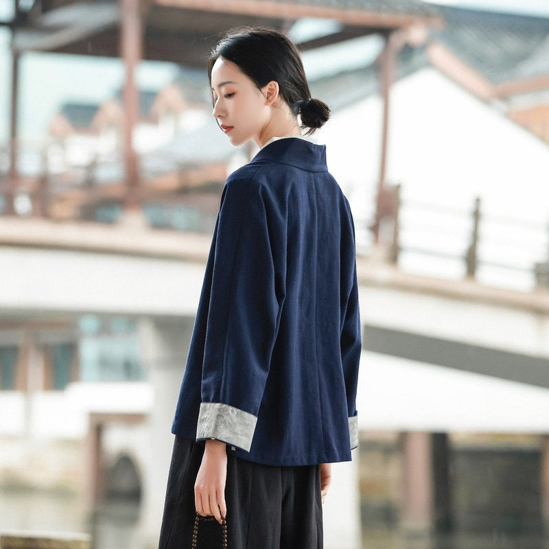 Navy Blue Ramie & Cotton Chinese Hanfu Blouse