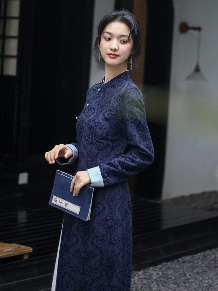 Cotton Dark Blue Cheongsam Top Chinese Qipao