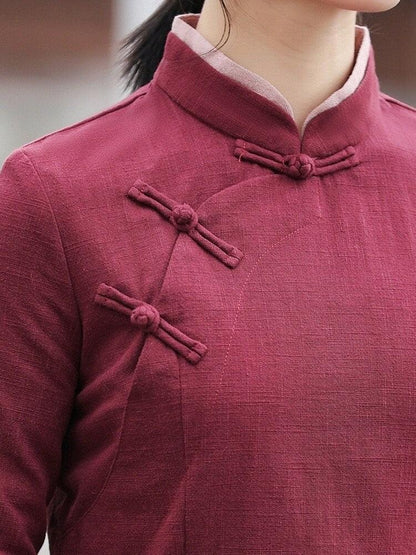 Wine Red Linen Cotton Cheongsam Blouse