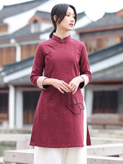 Wine Red Linen Cotton Cheongsam Blouse