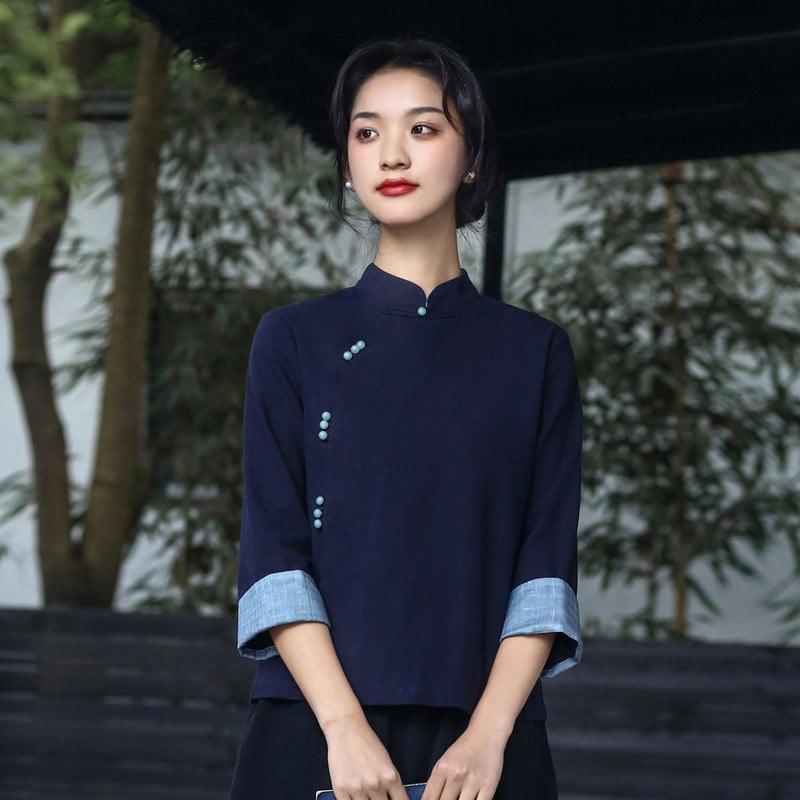 Dark Blue Blouse Chinese Style