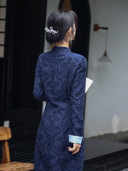 Cotton Dark Blue Cheongsam Top Chinese Qipao