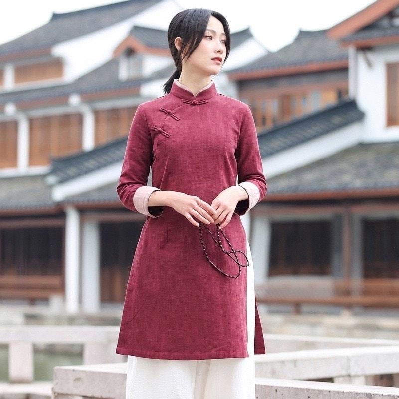 Wine Red Linen Cotton Cheongsam Blouse