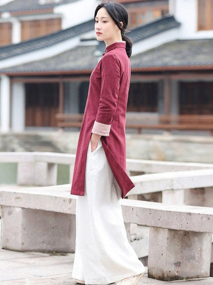 Wine Red Linen Cotton Cheongsam Blouse