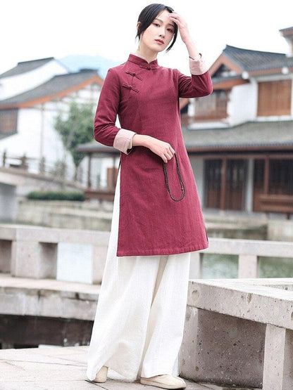 Wine Red Linen Cotton Cheongsam Blouse