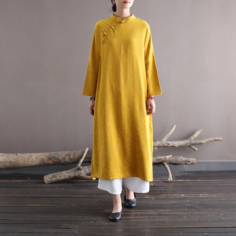 Yellow Cotton Dress Frog Button