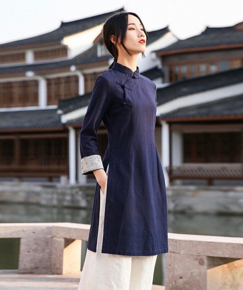 Dark Blue Linen Cotton Cheongsam Blouse