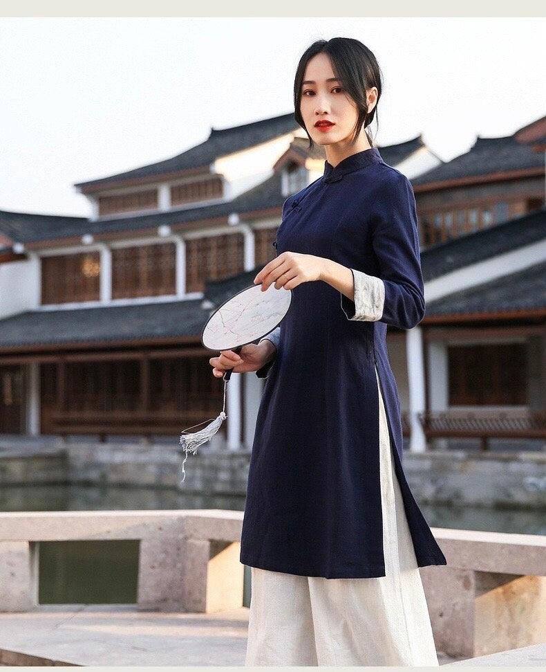 Dark Blue Linen Cotton Cheongsam Blouse