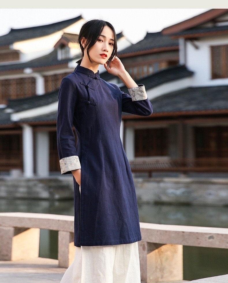 Dark Blue Linen Cotton Cheongsam Blouse