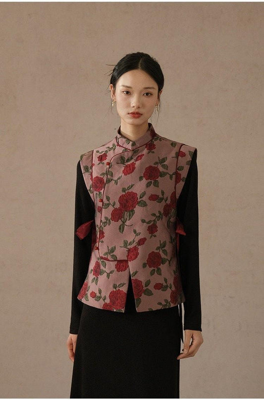 Women's Rose Pattern Vest Mandarin Collar