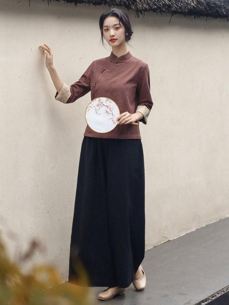 Coffee Color Linen Cotton Cheongsam Blouse