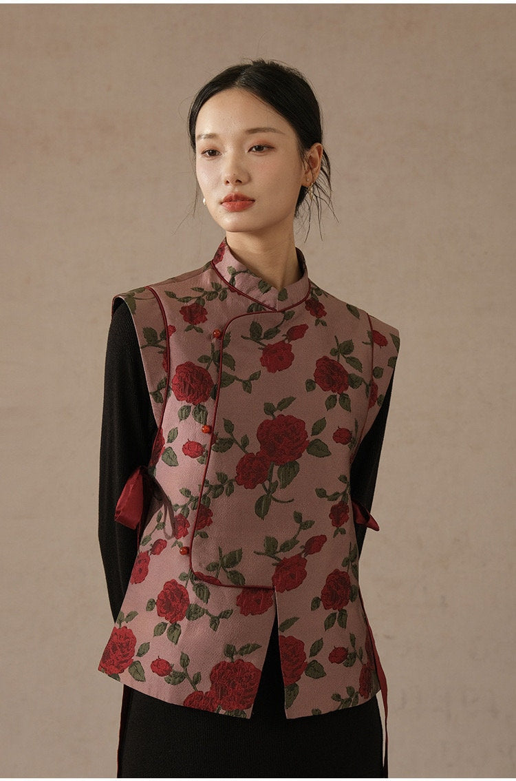 Women's Rose Pattern Vest Mandarin Collar