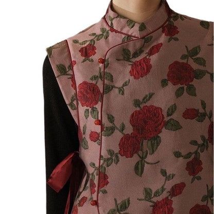 Women's Rose Pattern Vest Mandarin Collar