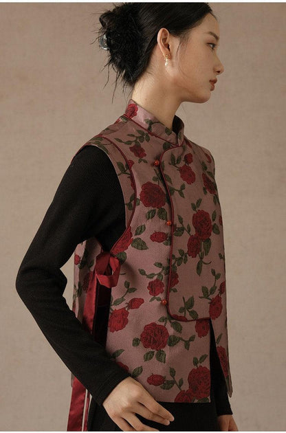 Women's Rose Pattern Vest Mandarin Collar