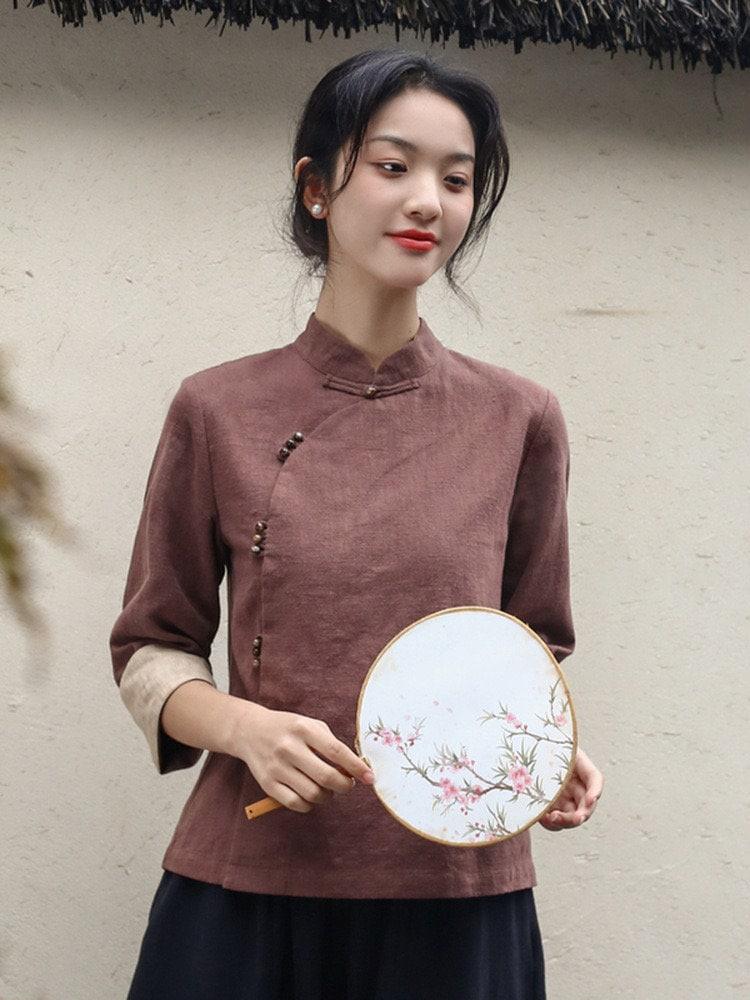 Coffee Color Linen Cotton Cheongsam Blouse