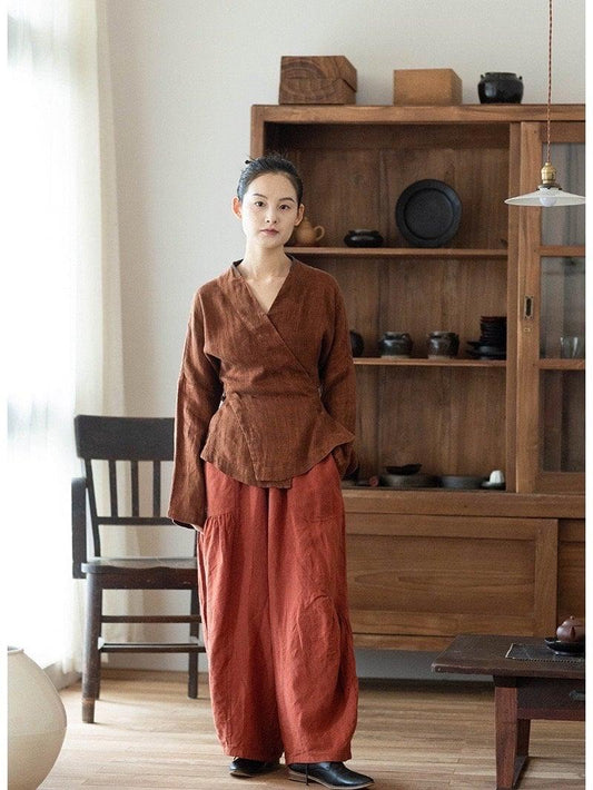 Rust Red Linen Hafu Blouse Blue Linen Shirt