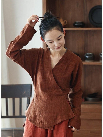 Rust Red Linen Hafu Blouse Blue Linen Shirt