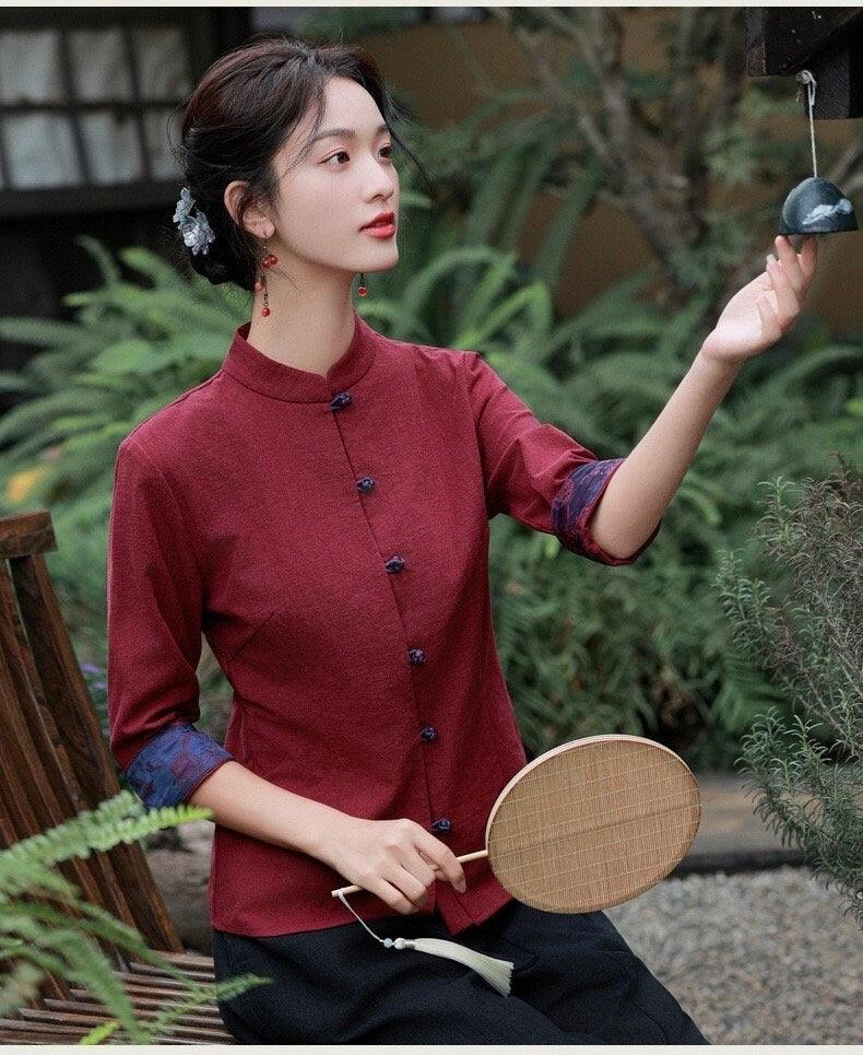 Wine Red Linen Cotton Cheongsam