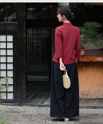 Wine Red Linen Cotton Cheongsam