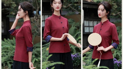 Wine Red Linen Cotton Cheongsam