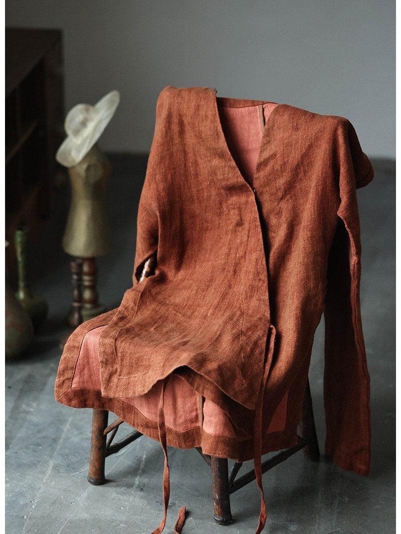 Rust Red Linen Hafu Blouse Blue Linen Shirt