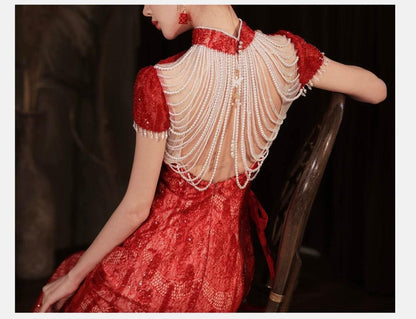 Red Lace Chinese Wedding Dress Open Back