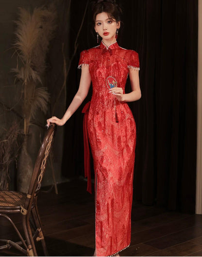 Red Lace Chinese Wedding Dress Open Back