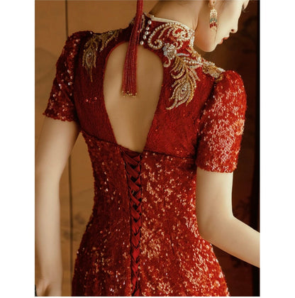 Customizable Red Traditional Chinese Wedding Dress Open Back Cheongsam Qipao Dress Tea Ceremony Modern Chinese Dress