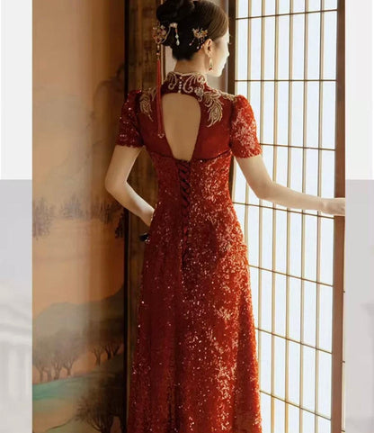 Red Traditional Chinese Wedding Dress Open Back Tea Ceremony