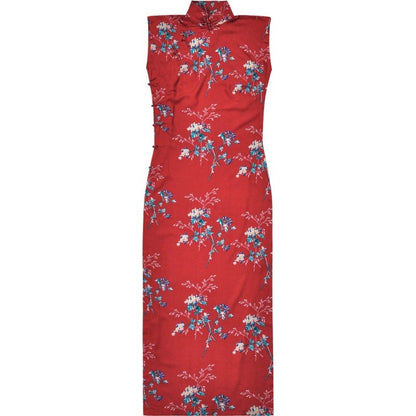 Red Sleeveless Long-length Vintage Flower Printed Daily Cheongsam Traditional Qipao Dress