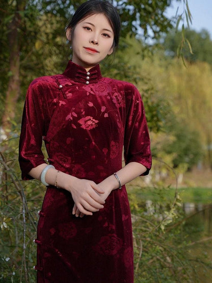 Wine Red Long-length Cheongsam Traditional Qipao