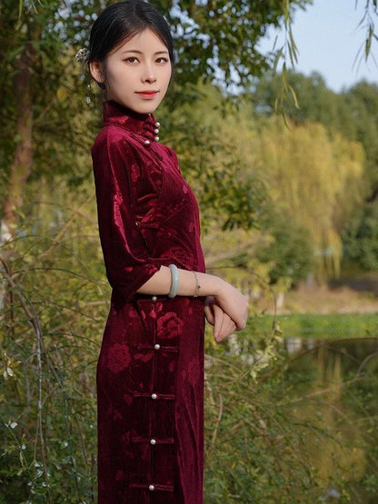 Wine Red Long-length Cheongsam Traditional Qipao