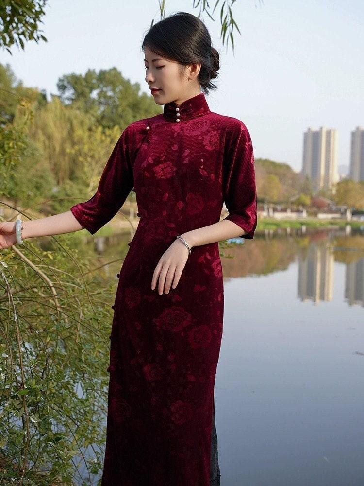 Wine Red Long-length Cheongsam Traditional Qipao