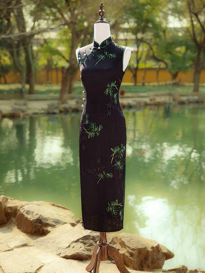 Black Sleeveless Cheongsam, Summer Chinese Qipao, long length Daily Wear Bamboo Pattern Dress