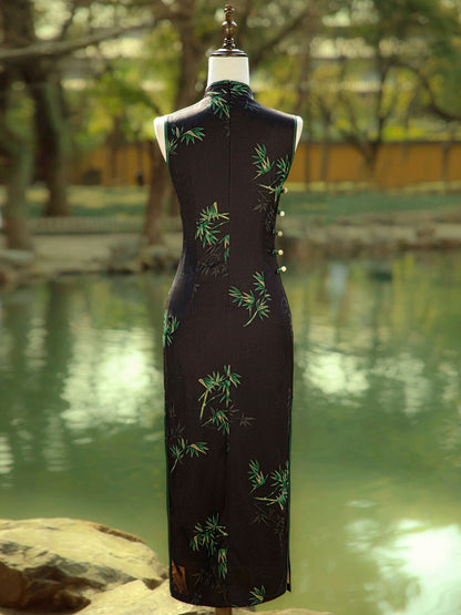 Black Sleeveless Cheongsam, Summer Chinese Qipao, long length Daily Wear Bamboo Pattern Dress