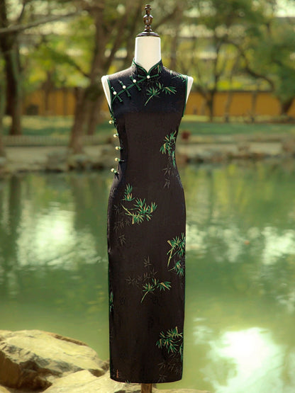 Black Sleeveless Cheongsam, Summer Chinese Qipao, long length Daily Wear Bamboo Pattern Dress